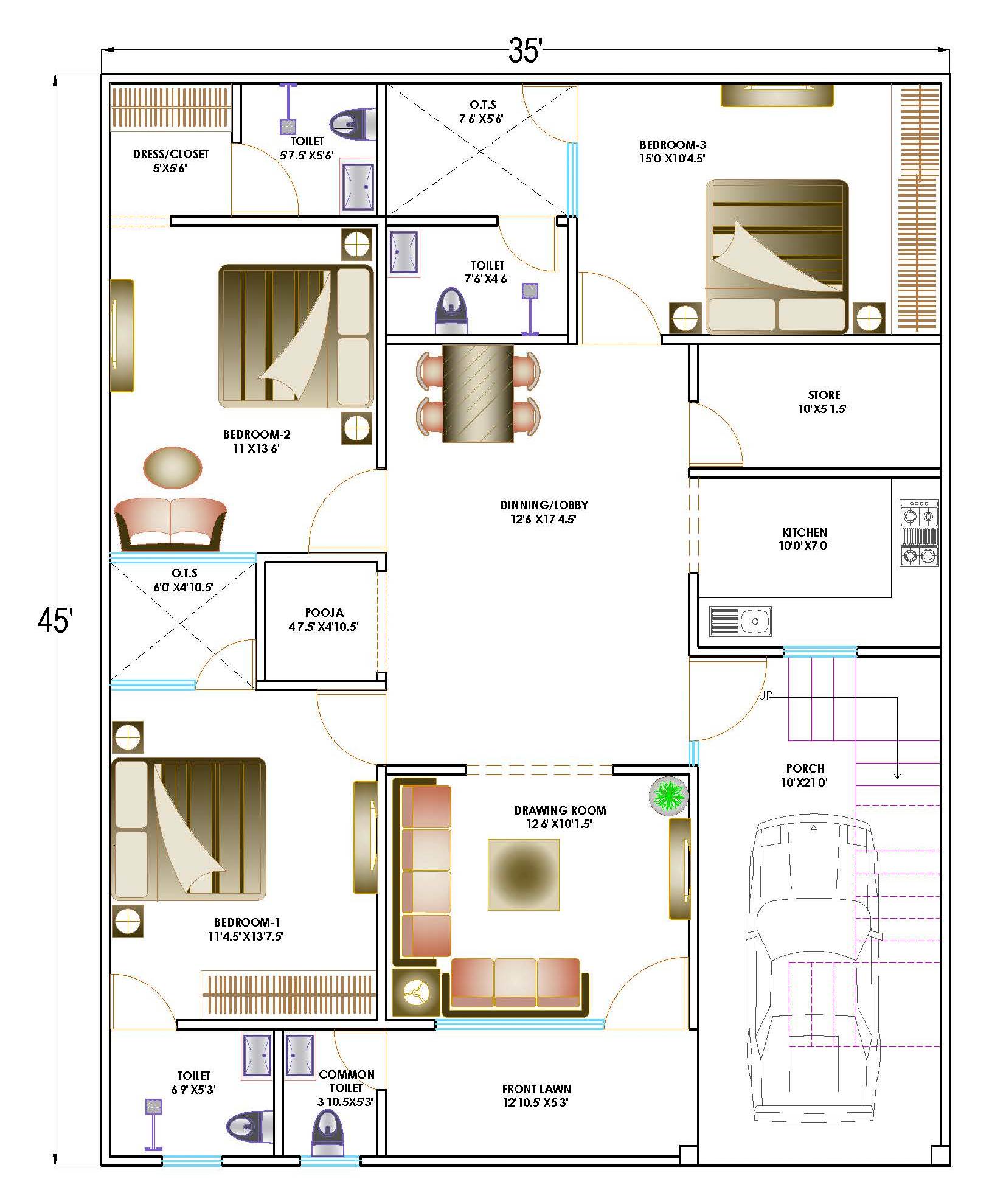 35'x45' Residential CAD Drawing with Detailed Layout